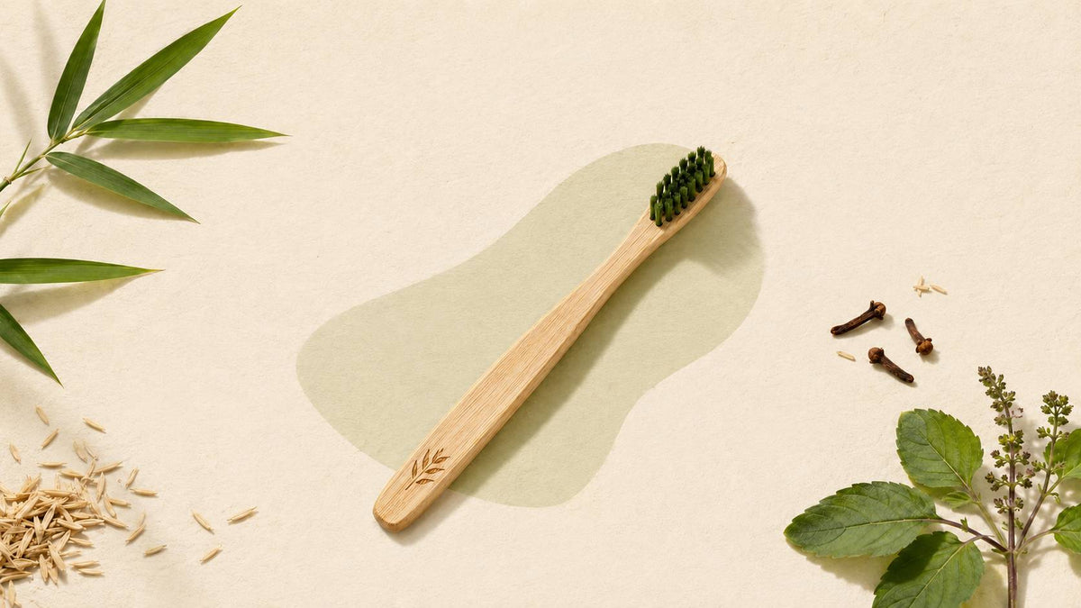 Bamboo toothbrush with bamboo leaves, tulsi, cloves and rice husk